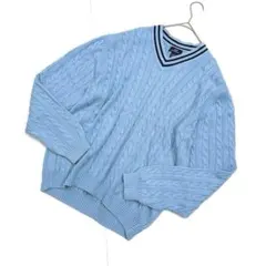 ブルックスブラザーズ346（L）ケーブルニットセーター サックスブルー綿100