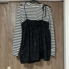 ストライプ長袖トップス レース風 着たまま授乳