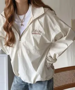 《JaVaコラボ》胸刺繍入りオーバーサイズ配色ナイロンハーフジップ