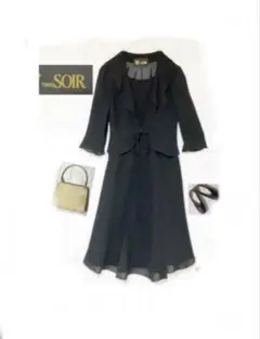 東京ソワール　SOIR ワンピース　スーツ　ブラック ７号　七分袖　りぼん