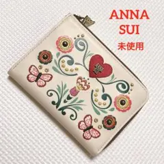 ・未使用　ANNA SUI アナスイ　レザー二つ折り財布　ベージュ　刺繍