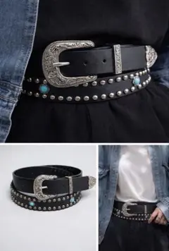 ◆新品・未使用◆ターコイズ×スタッズ ウエスタンベルト ブラック
