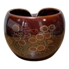 九谷焼 陶春 花器 一輪挿し 飴釉 金彩 菊花文 波形口縁 茶道具 インテリア