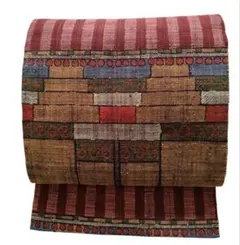 【良品】 個性的な意匠 ざっくり紬織 名古屋帯 レンガ柄/多色使い 使用感少