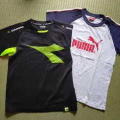 140cm　DIADORA テニス Tシャツ 黒/黄緑＆プーマTシャツ