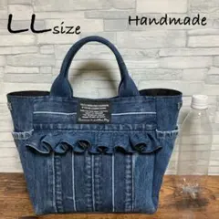 デニムリメイク☆サイドポケット付きトートバッグ フリル♡ LL ①