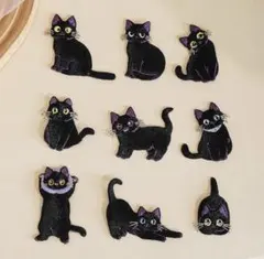 0968 黒と紫の可愛い猫の刺繍ワッペン9個セット。