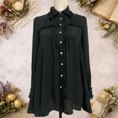クラシカル フリルブラウス 黒 パールボタン 立ち襟 チュニック 地雷系 量産型