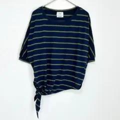 プラステ ボーダー　半袖　カットソー 裾結び サイドノット 濃紺×カーキのサムネイル