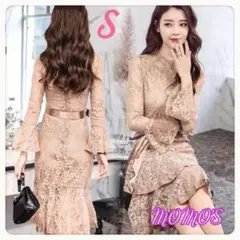 大人気♡総レース　膝丈ワンピース　ベージュ　S 結婚式　パーティー　キャバドレス