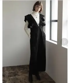 美品☆フロッキードットフリルワイドストラップサロペット☆高身長サイズ