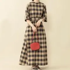 【ビューティーアンドユース】チェックワンピース バックオープン M ブラウン