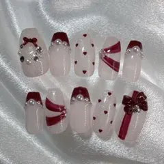 5.【オーダー】バレンタインネイル 冬ネイル フレンチ スナ系 リボン