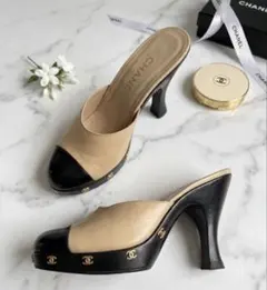 CHANEL シャネル ココマーク バイカラー リボン レザー ミュール 黒 