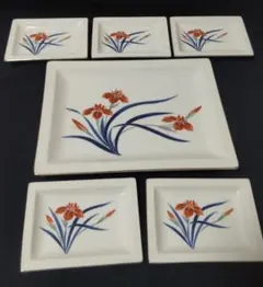 未使用品★美濃焼・庫山窯 角小皿5枚＋大皿1枚 クッキリした花柄！ 送料無料