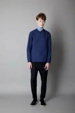 美品 ETHOSENS エトセンス ノーカラーシャツ ネイビー Mのサムネイル