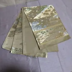 A　袋帯　六通　正絹　金糸　銀糸　ベージュ地　松　菊　着物　和服　和装　和風