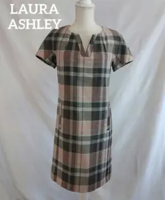 LAURA ASHLEY チェック ワンピース 半袖 ひざ丈 くすみピンク