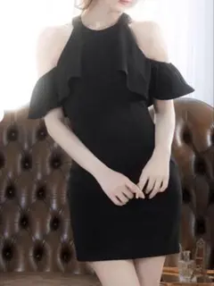 オフショルダー フリル タイトドレス 黒