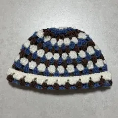 クロシェハット ハンドメイド ニット帽 バケハ ビーニー ボーダー 白 青 茶色