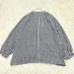 y7024 美品✨バンドカラー長袖シャツ 2XL 大きいサイズ 黒 ギンガム