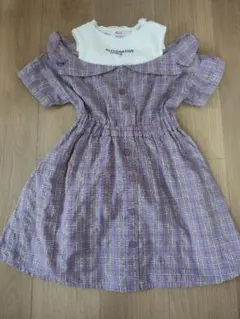 ALGY 紫のチェック柄オフショルダー半袖ワンピース 130