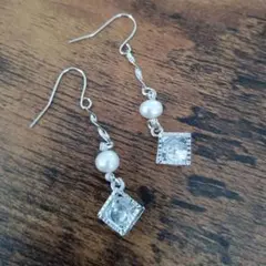 キュービックジルコニア×淡水パールピアスイヤリング　ハンドメイド