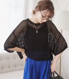 透かし編みメッシュクロップドニット ブラック 黒 オーバーサイズ