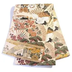 6k528 丸帯　絹　両面全通　鶴　唐獅子　ベージュ　金色　赤　緑　花柄　和装