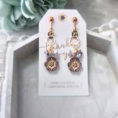 フープ/アンティークフラワー/粒粒イヤリング/ファルファーレ/パープル/リーフ