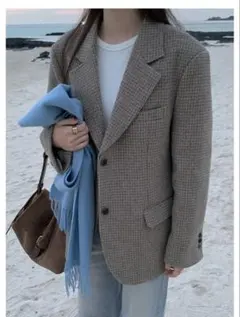 中綿裏地ウール混チェックシングルジャケット