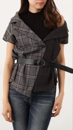 【rienda】MIX Plaid Asymmetry シャツトップ ブラックのサムネイル