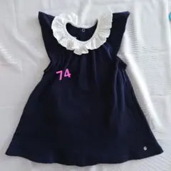 【PETITBATEAU】 襟フリル付きロンパースワンピース 12M 74cm