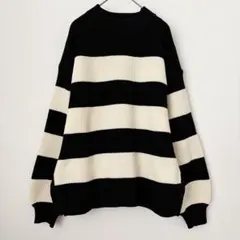 【美品】 ボーダー　オーバーサイズ　ニット　ブラック　アイボリー　M スリット