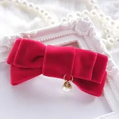限定価格 (36) ベロア バレッタ♡ ハンドメイド リボン ヘアピン 赤