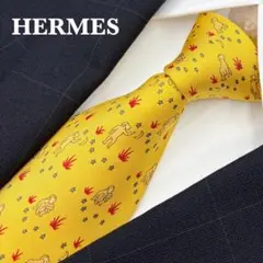 【美品】エルメス　ネクタイ　サル柄　黄色　イエロー　高級シルク　ハイブランドのサムネイル