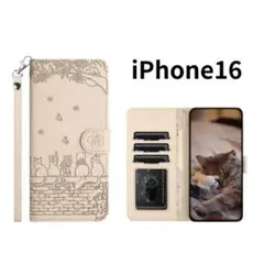 iPhone16 ケース 手帳型 猫柄 アイボリー