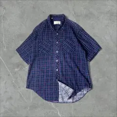 70s KingArthur フランネル チェック プリネル 半袖シャツ 紺
