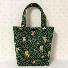 ミニトートバッグ　唐草模様　猫柄　緑　ハンドメイド