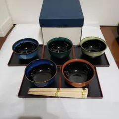 未使用保管品　五窯　小丼ぶり　食器セット 陶器ボウルと箸