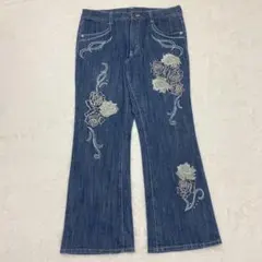 花柄刺繍デニムパンツ◆ブーツカット(LL)ラインストーン ビックサイズ ステッチ