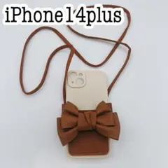 iPhone14plus 大人リボン　ショルダータイプケース　ブラウン　茶色
