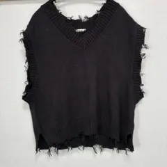 フリンジ加工 ブラックニットベスト M