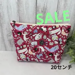 マチあり20センチファスナーポーチ　ネコ柄　濃ピンク　ハンドメイド