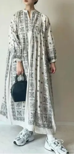 インド綿パネル柄ウエスト切り替えボリュームワンピース