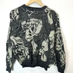 総柄ニット セーター 柄ニット モノトーン レトロ 古着 ゆるだぼ