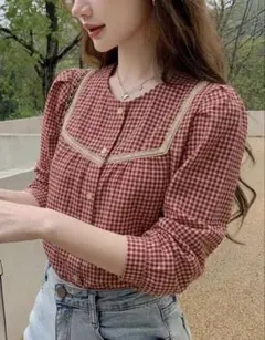 Dazy ギンガムチェック ブラウス レッド 長袖 秋服 赤 レトロ フリル