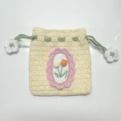 かぎ編み　ポーチ　ミニ巾着　巾着袋　ハンドメイド　チューリップ　黄色