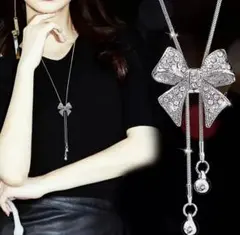 リボンロングネックレス シルバー パーティー