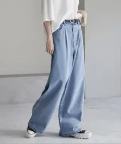 TRストレッチルーズシルエットハイウエストストレートパンツ/デニムパンツ